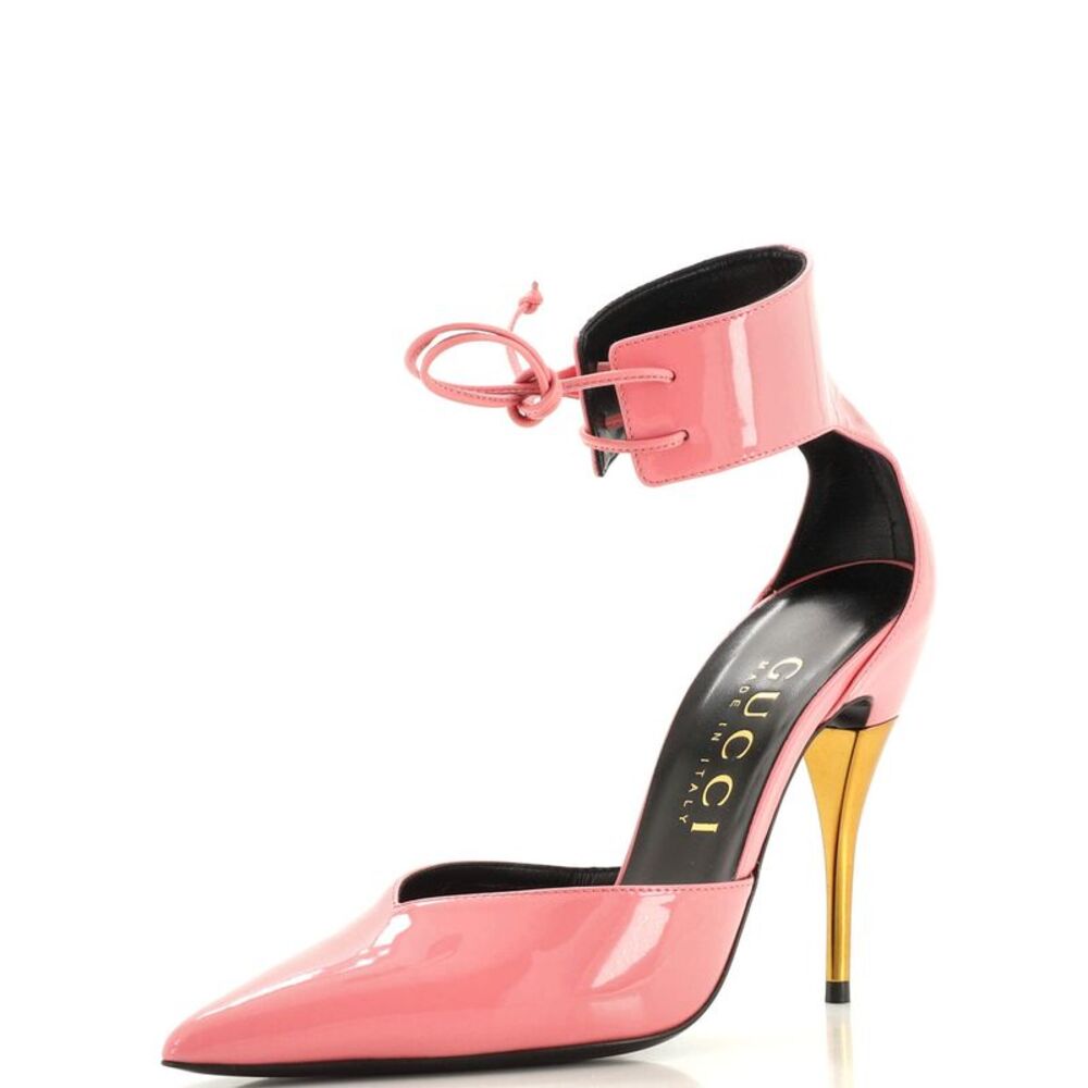 Gucci Pink Patent Leather Pointed-Toe Ankle-Strap Pumps with Gold Heel